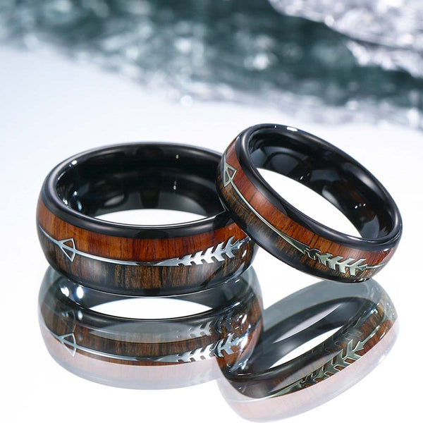 Engraved Koa Wood Tungsten Ring Black - Herringbone Arrow