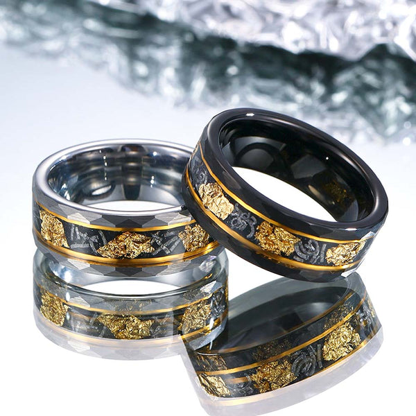 Engraved Tungsten Ring With Meteorite & Gold Foil - Royal Oath