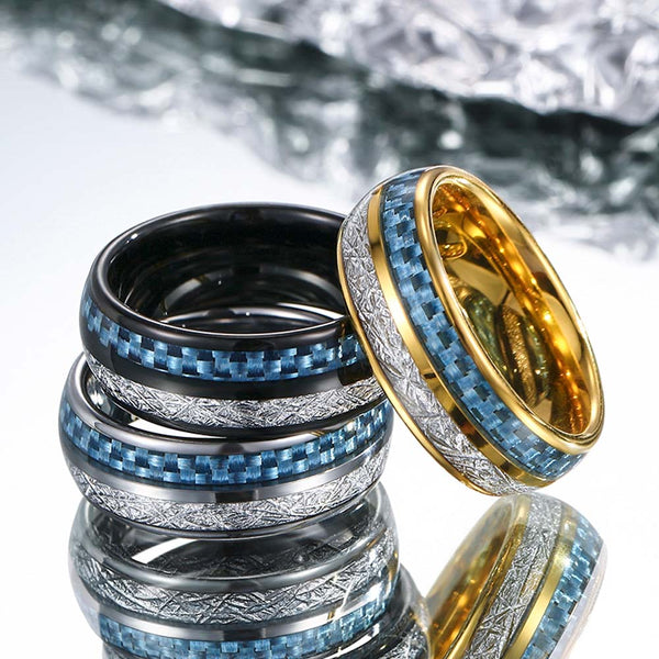 Personalized Tungsten Ring With Meteorite Carbon Fiber - Ice Age