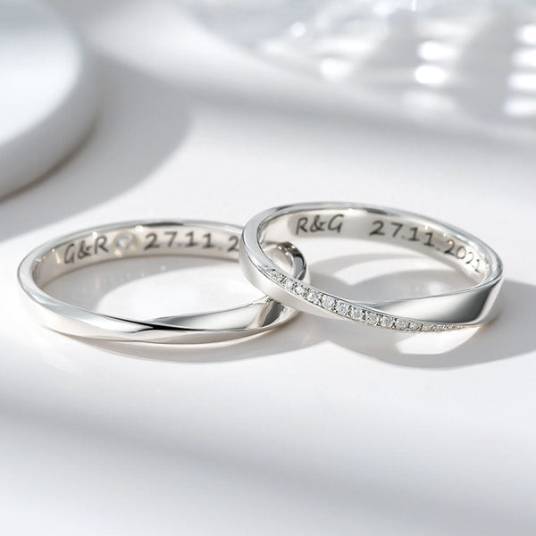 Silver 925 Mobius Zircon Inlay Wedding Ring Couple Ring with Engraving for Women Men in Ring Size 44~75 - Remisia