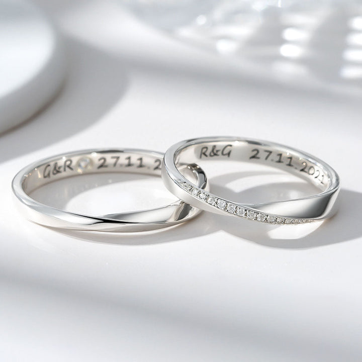 Silver 925 Mobius Zircon Inlay Wedding Ring Couple Ring with Engraving for Women Men in Ring Size 44~75 - Remisia