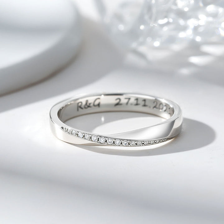 Silver 925 Mobius Zircon Inlay Wedding Ring Couple Ring with Engraving for Women Men in Ring Size 44~75 - Remisia