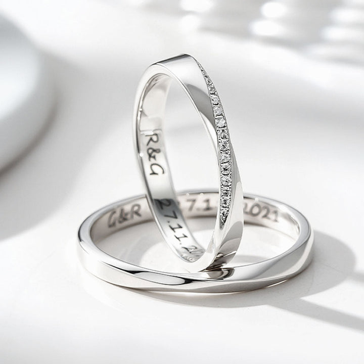 Silver 925 Mobius Zircon Inlay Wedding Ring Couple Ring with Engraving for Women Men in Ring Size 44~75 - Remisia
