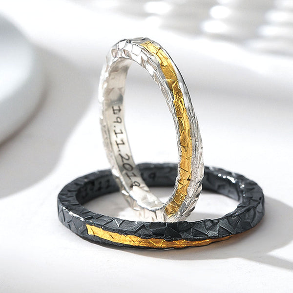 Gold Embedded Silver 999 Ring Wedding Ring Black With Engraving For Women Men In Ring Size 44~75 - Remisia