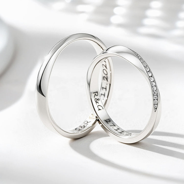 Silver 925 Mobius Zircon Inlay Wedding Ring Couple Ring with Engraving for Women Men in Ring Size 44~75 - Remisia