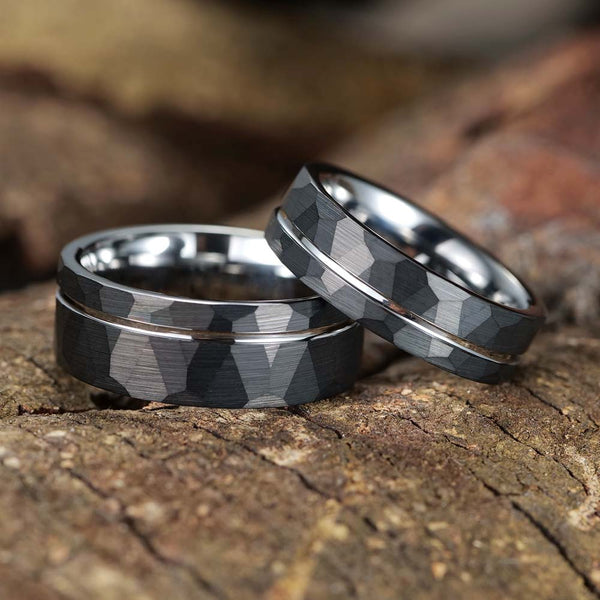 Engraved Hammered Tungsten Ring Silver - Bulwark