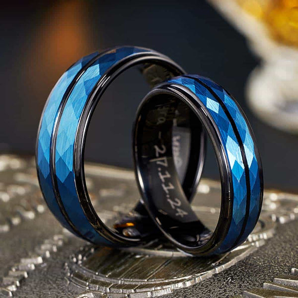 Custom Hammered Tungsten Ring Black Blue - Serenity