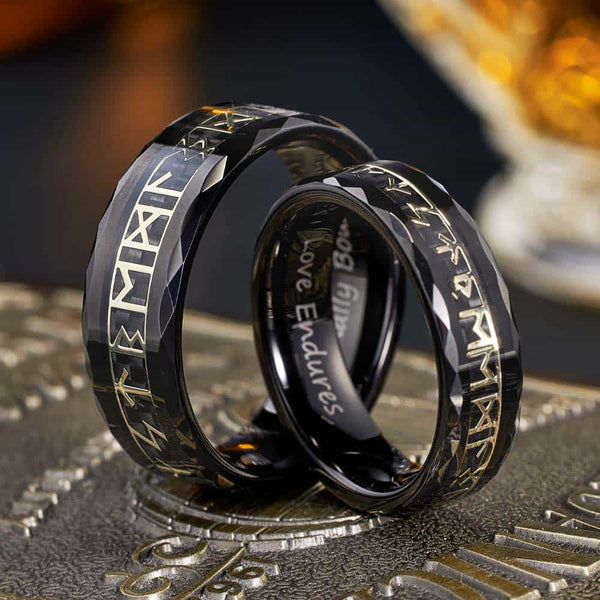 Faceted Tungsten Viking Ring Black With Runes