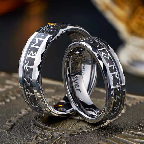 Faceted Tungsten Viking Ring Silver With Runes