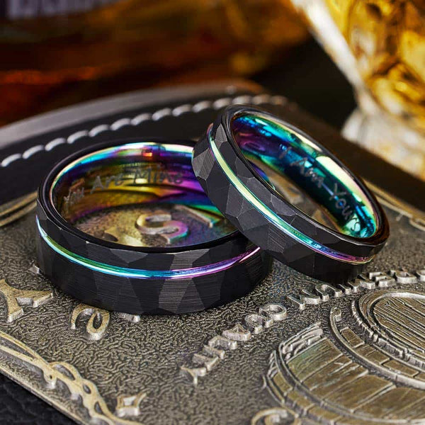 Engrave Inside Hammered Tungsten Ring Rainbow - Arc of Light