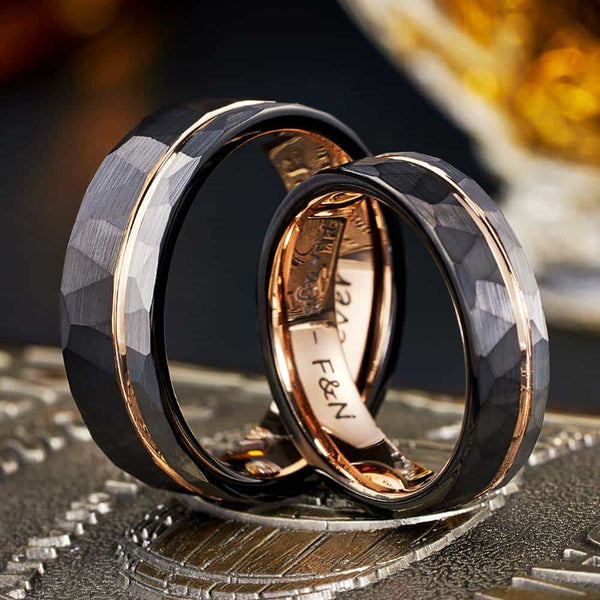 Hammered Tungsten Ring Black Rose Gold - Frontline