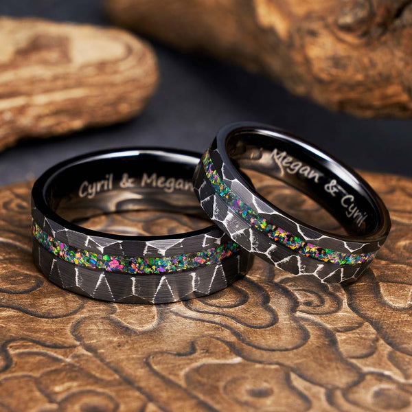 Hammered Tungsten Carbide Ring Black With Engraving - Grim Shrub
