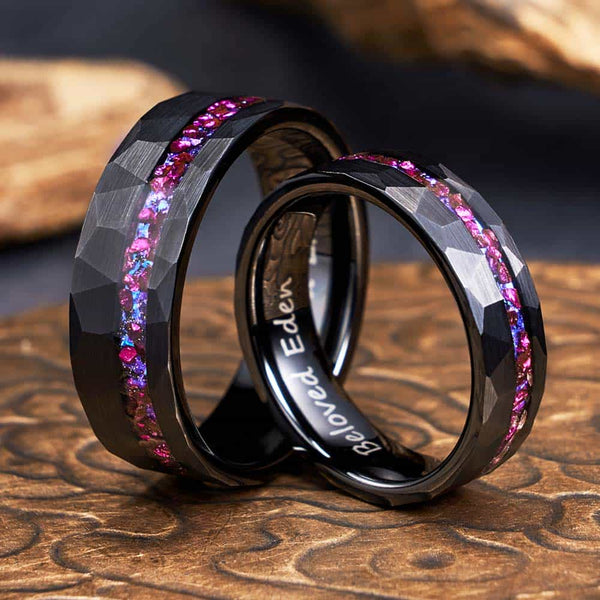 Engrave Inside Hammered Tungsten Ring Black Purple - Dusk Nebula