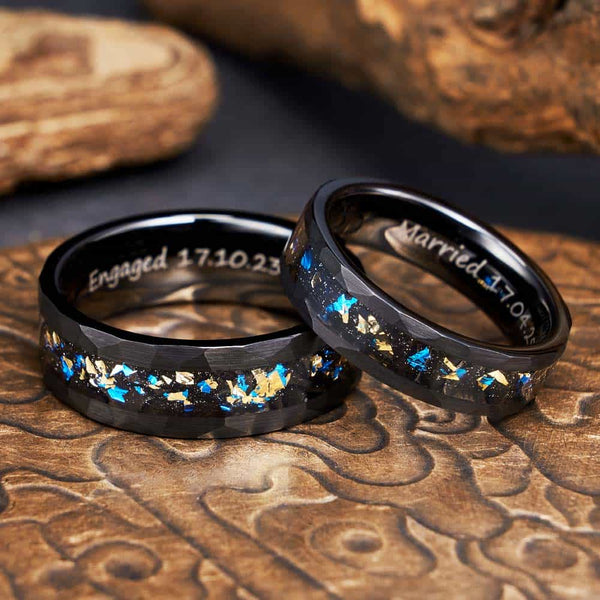 Personalized Faceted Tungsten Ring Black Blue - Wraith Glow