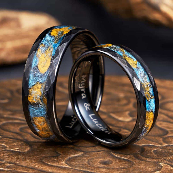 Black Faceted Tungsten Ring With Flowing Sand - Aurora Smudge