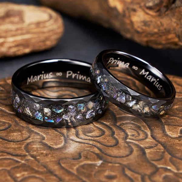 Faceted Tungsten Ring Black With Engraving - Celestial Gallery