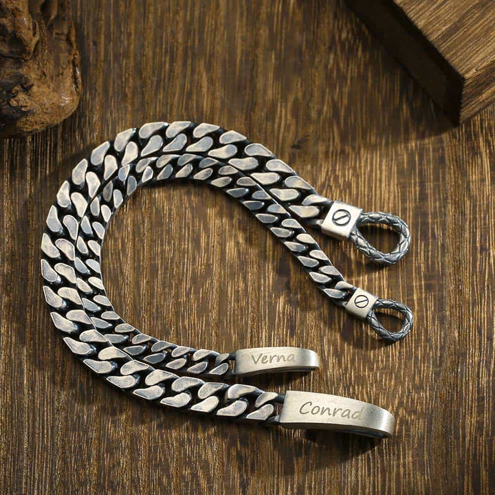 Oxidized Silver Curb Bracelet With Engraving For Couples | Personalized Couple Bracelet With Engraving Silver 925