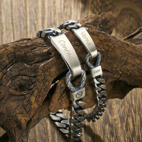 Oxidized Silver Curb Bracelet With Engraving For Couples | Personalized Couple Bracelet With Engraving Silver 925