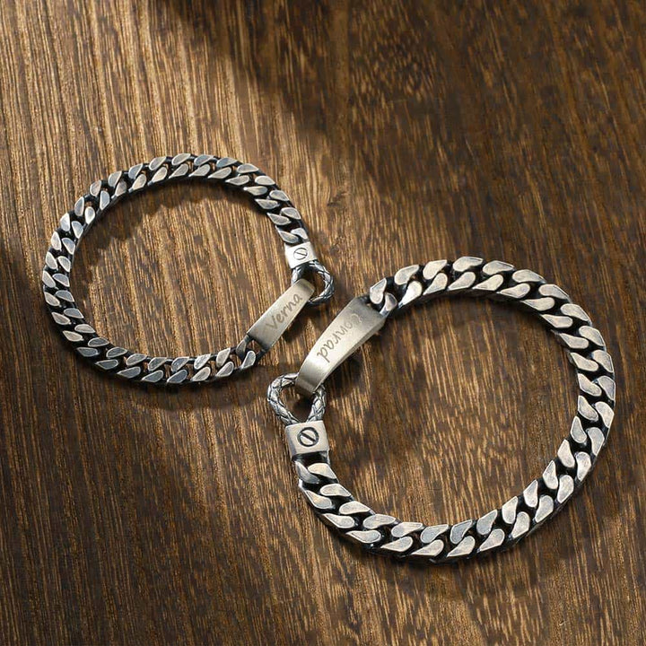 Oxidized Silver Curb Bracelet With Engraving For Couples | Personalized Couple Bracelet With Engraving Silver 925