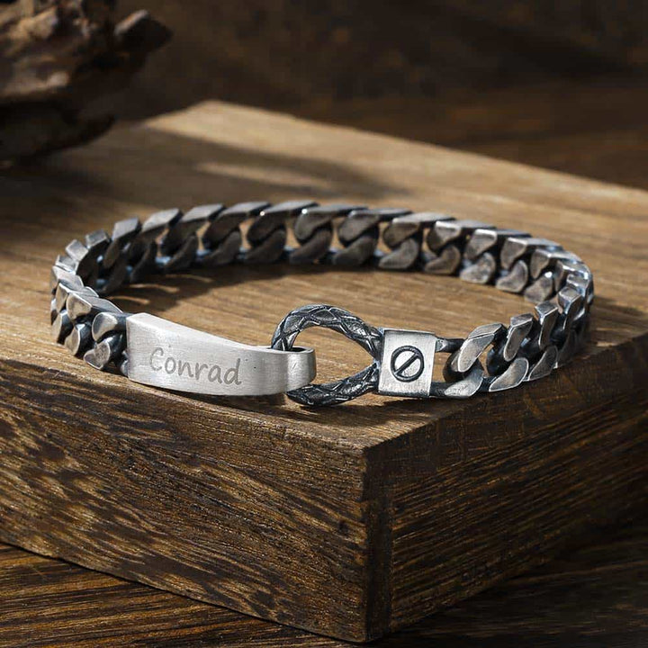 8mm Oxidized Silver Curb Bracelet Men With Engraving | Personalized Gifts Jewelry Bracelet With Engraving For Men