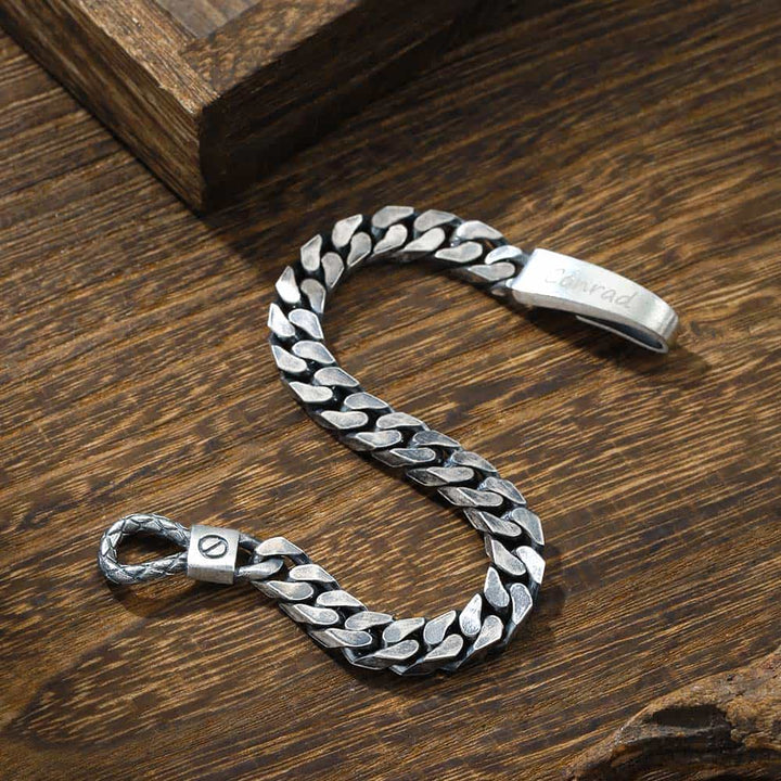 8mm Oxidized Silver Curb Bracelet Men With Engraving | Personalized Gifts Jewelry Bracelet With Engraving For Men