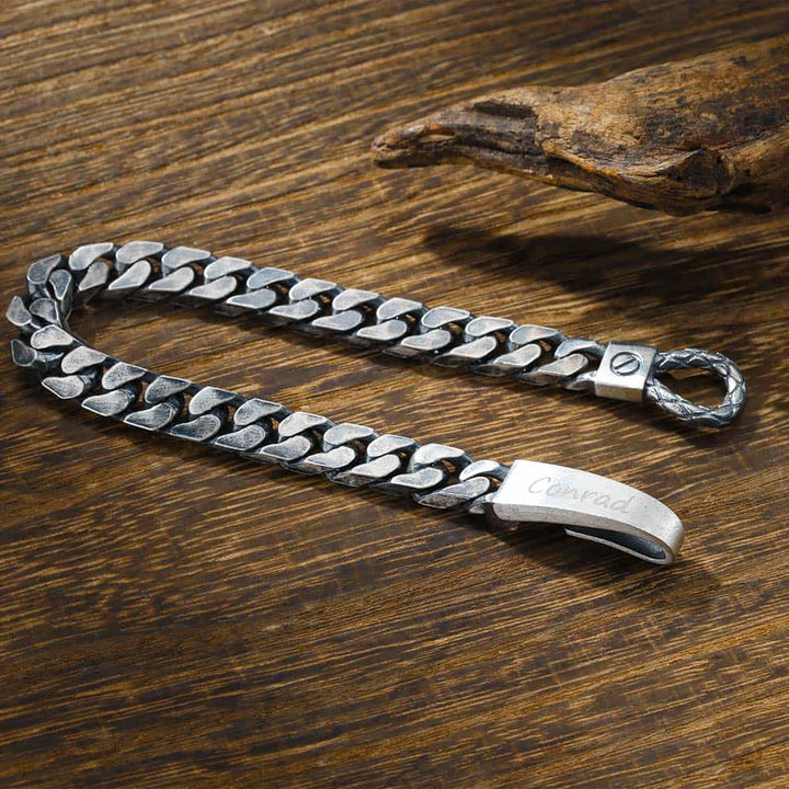 8mm Oxidized Silver Curb Bracelet Men With Engraving | Personalized Gifts Jewelry Bracelet With Engraving For Men