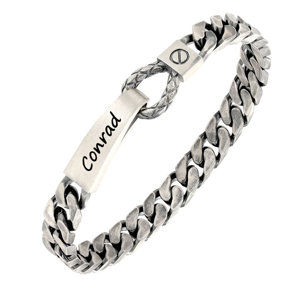 8mm Oxidized Silver Curb Bracelet Men With Engraving | Personalized Gifts Jewelry Bracelet With Engraving For Men