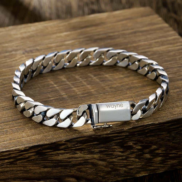 8mm Silver Curb Bracelet For Men With Bar Engraving | Personalized Gifts Bracelet With Engraving For Men Silver 925