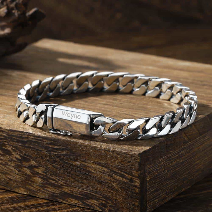 8mm Silver Curb Bracelet For Men With Bar Engraving | Personalized Gifts Bracelet With Engraving For Men Silver 925