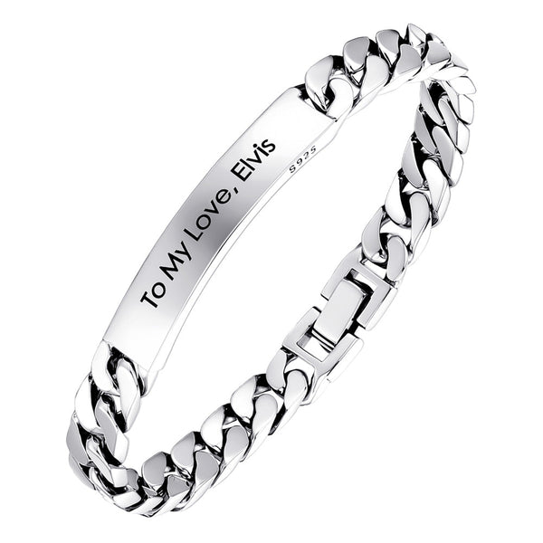 8mm Silver Partner Curb Bracelet Engraved | Personalized Male Bracelet Silver With Engraving