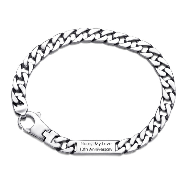 7mm Personalized Silver Curb Chain Bar Bracelet Engraved