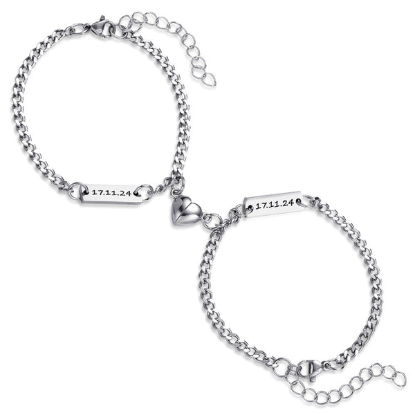 3mm Matching Sliver Bar Bracelet With Magnet Heart
