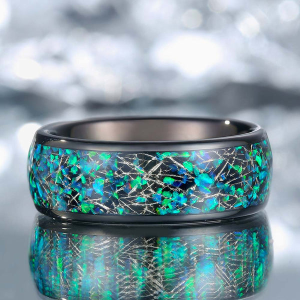 Custom Tungsten Ring With Meteorite & Opal 8mm - Emerald Nocturne