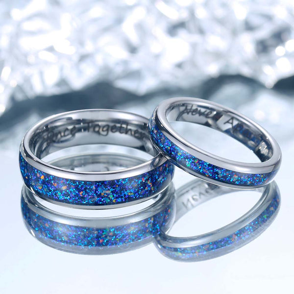 Engraved Tungsten Ring Silver With Opal - Oceanus