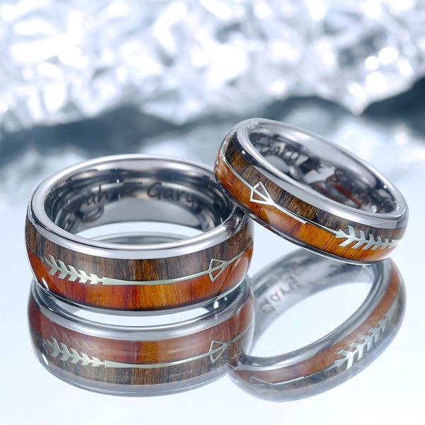 Personalized Tungsten Ring Silver With Koa Wood - Sage Guide