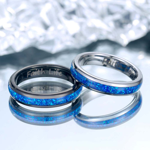 Engraved Tungsten Ring With Opal - Blue Meditator