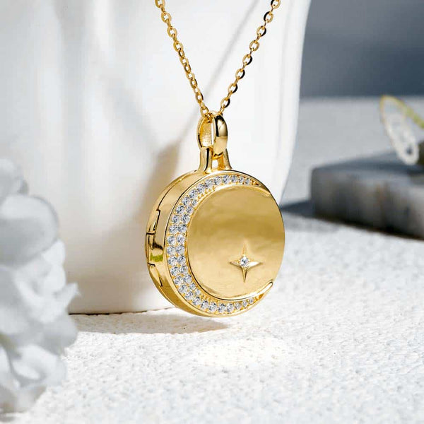 【Waterproof】Personalized Photo Locket Necklace With Picture Inside - Moon Star